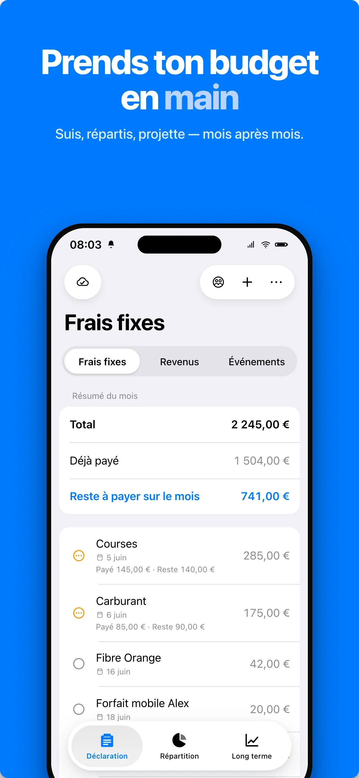 Frais fixes du mois avec le résumé total, déjà payé et reste à payer
