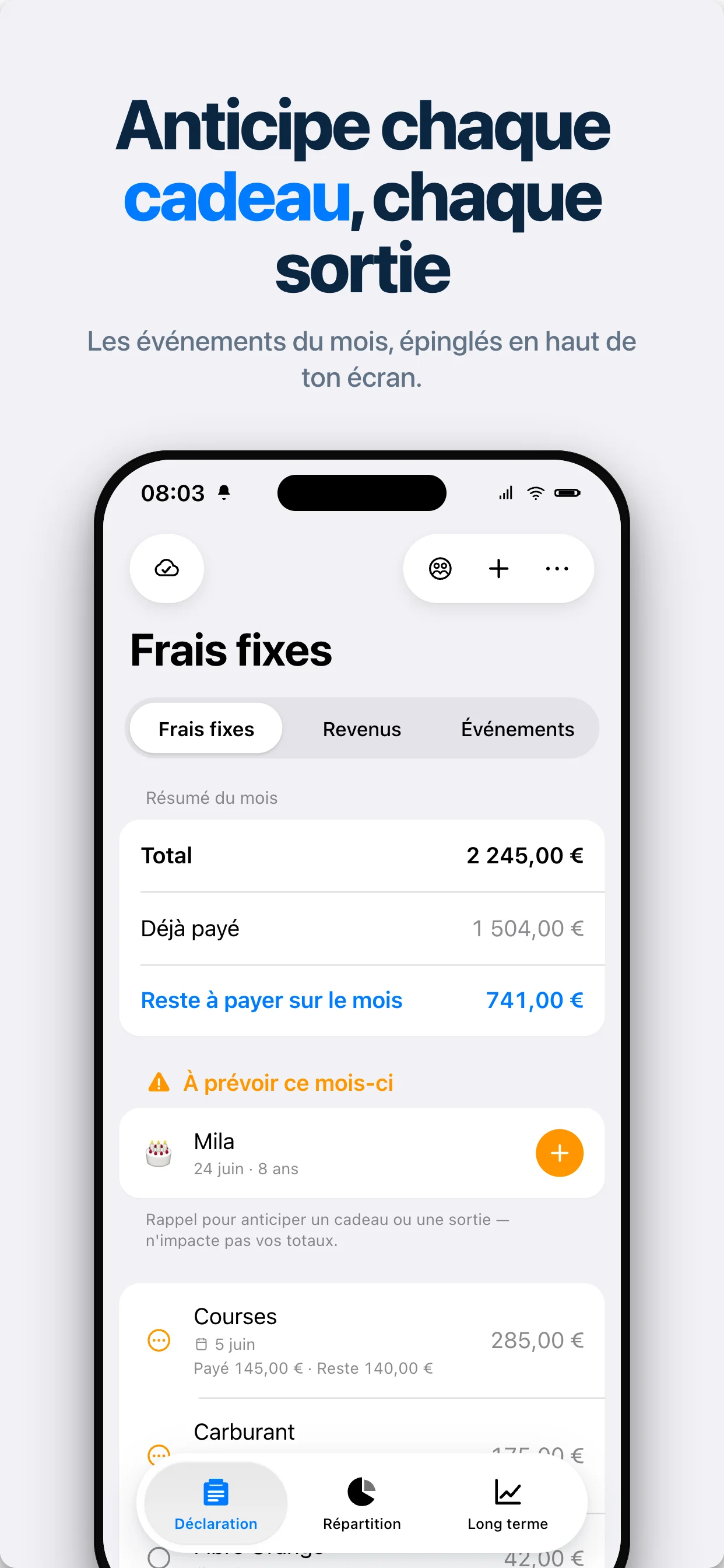 Rappel d'un anniversaire à prévoir en haut des frais fixes