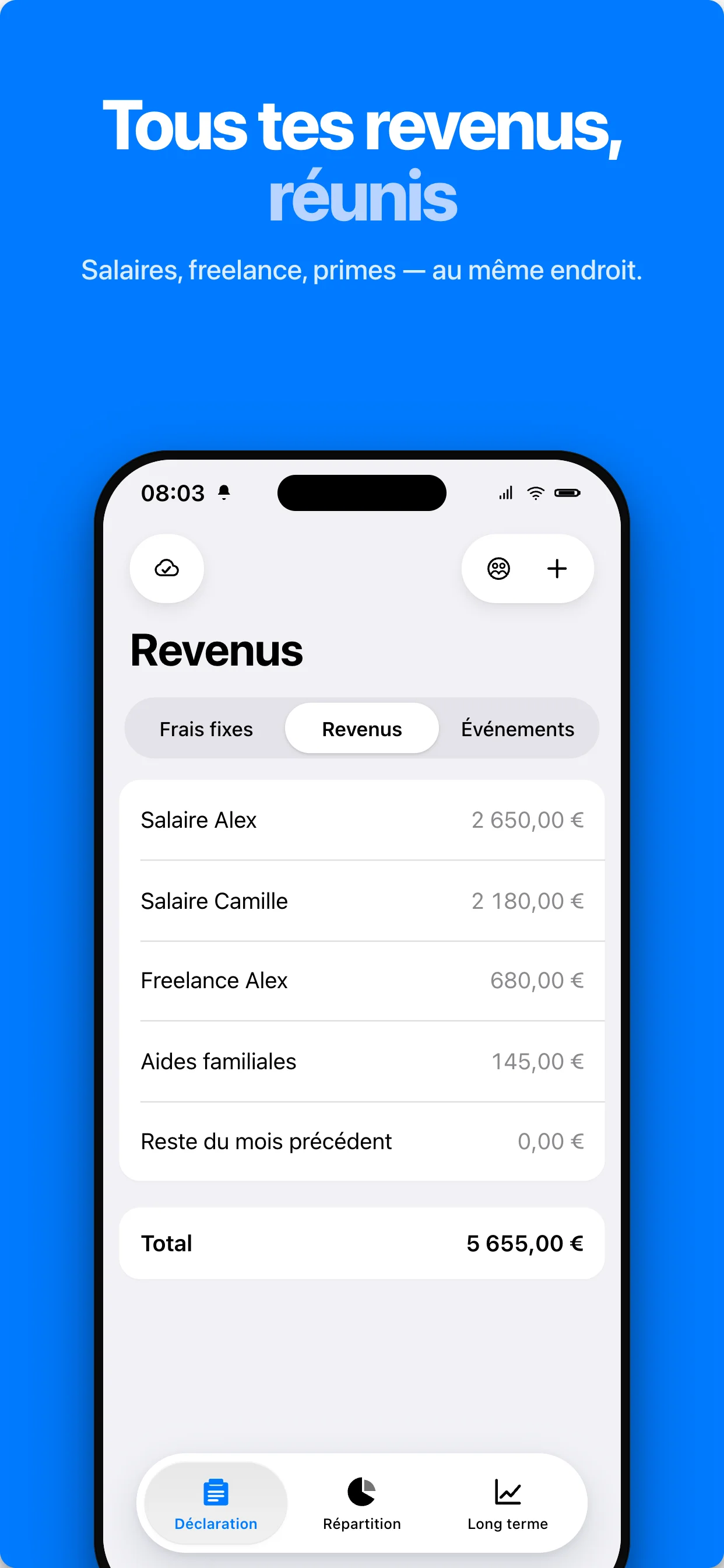 Revenus du mois et total des rentrées d'argent
