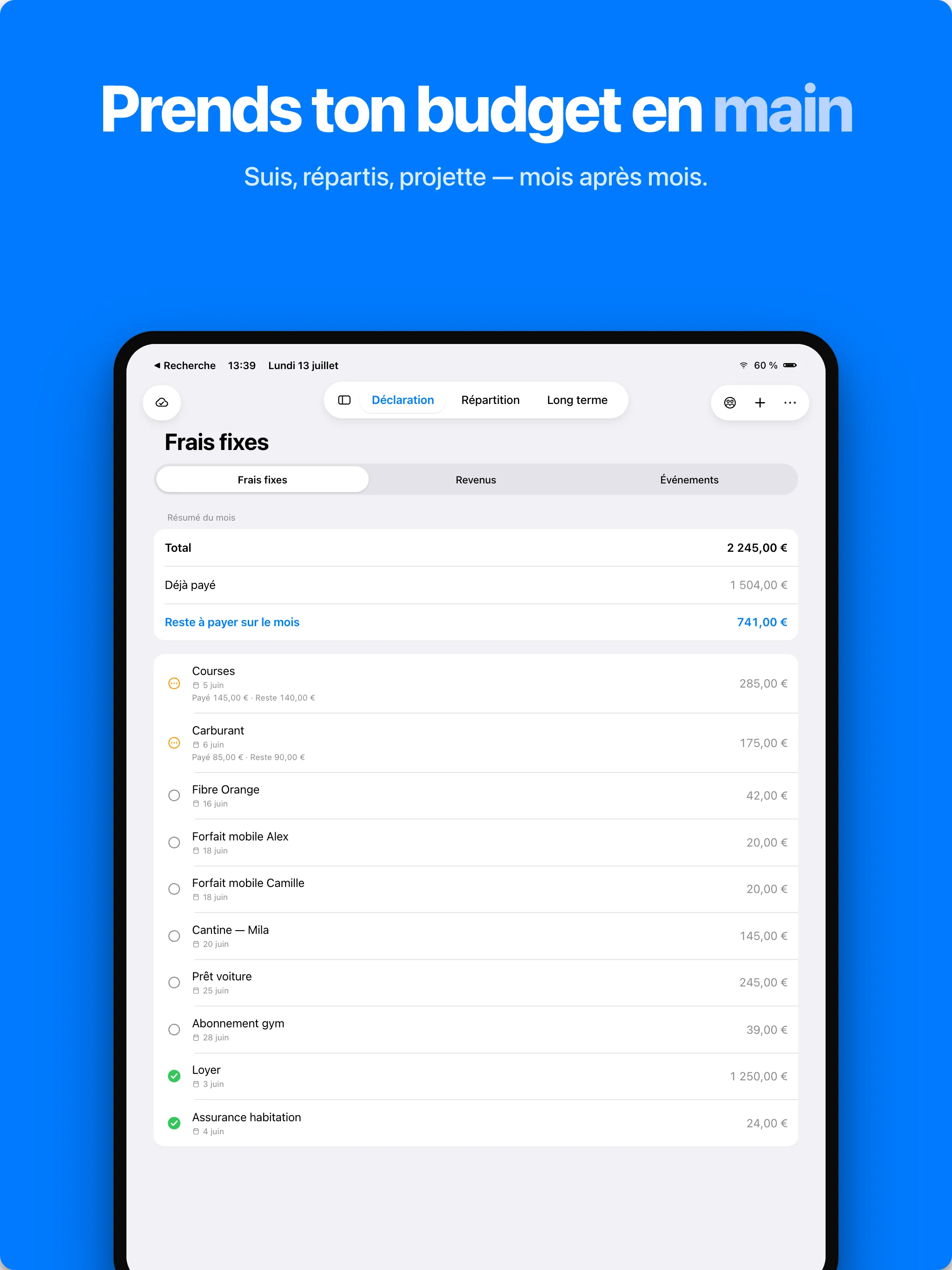 Frais fixes du mois sur iPad