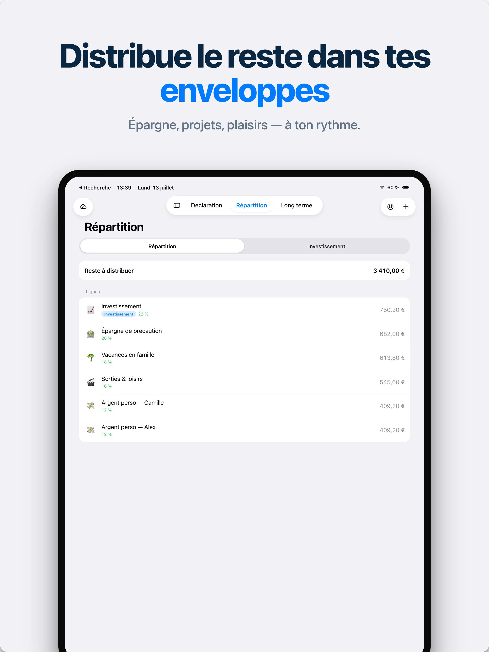 Répartition du reste à distribuer sur iPad
