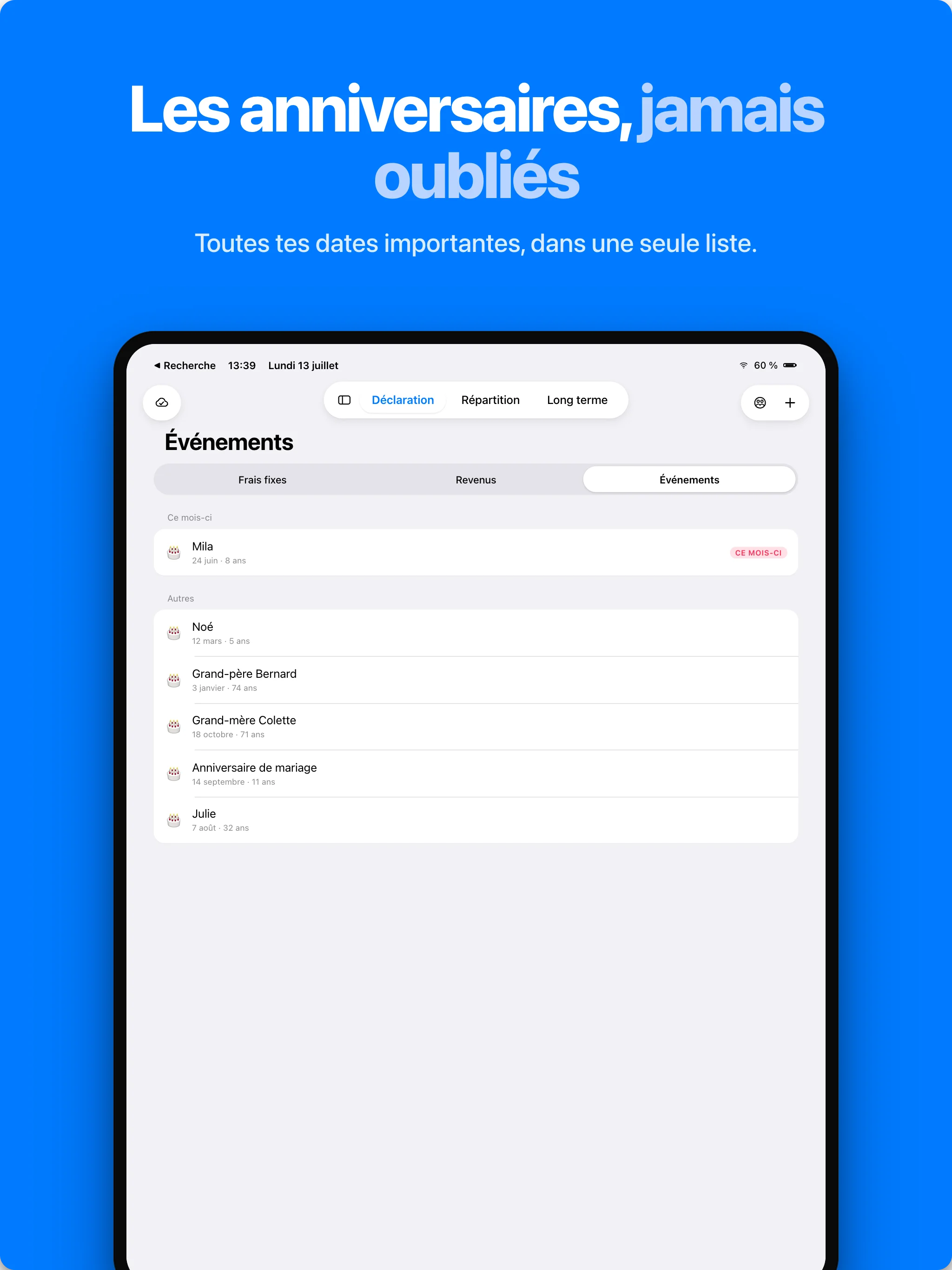 Anniversaires et fêtes à venir sur iPad
