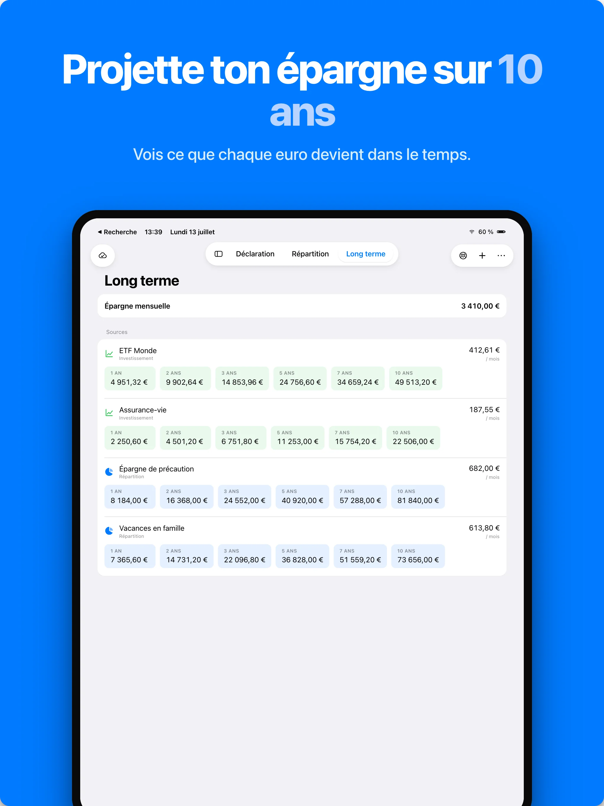 Projection de l'épargne sur iPad