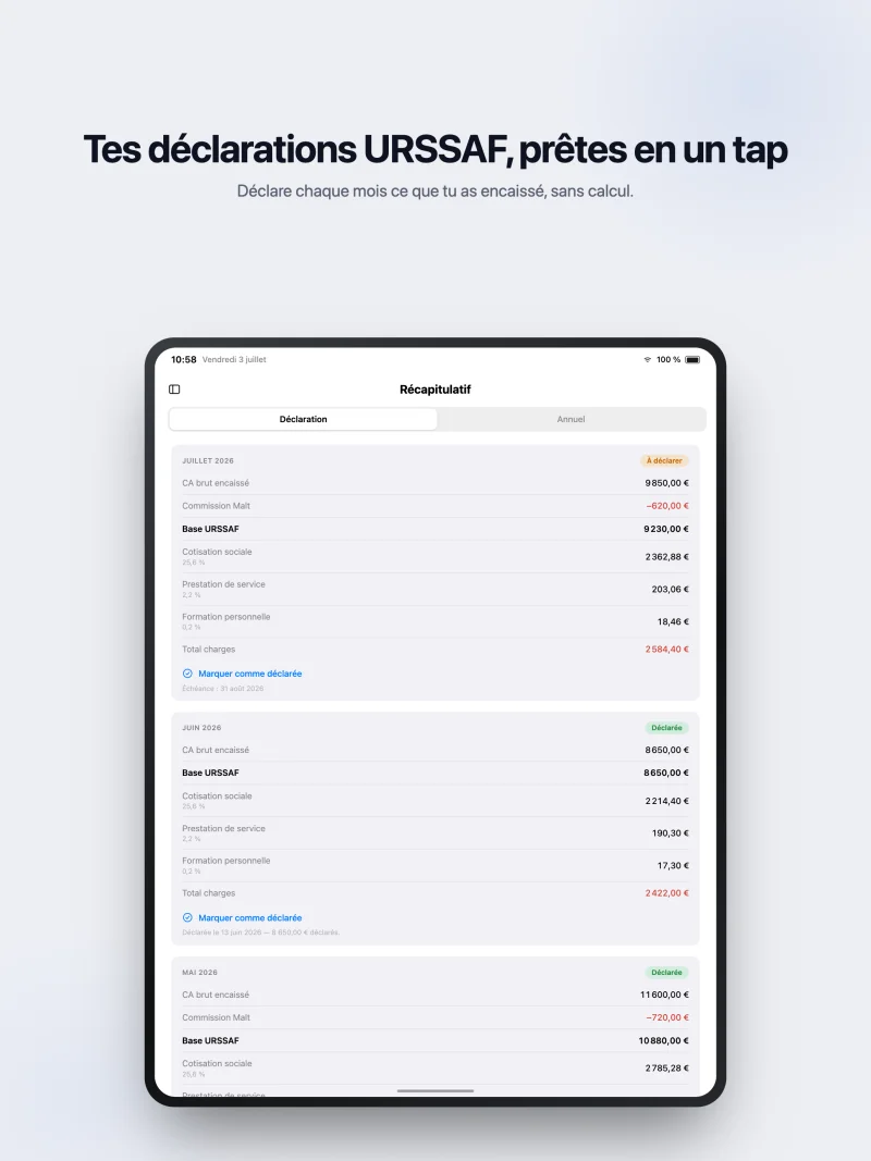 Récapitulatif d'une déclaration URSSAF sur iPad